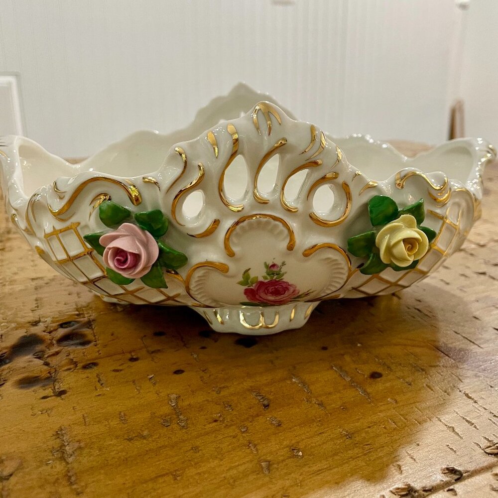 Vintage Martha Budich Dresden German Porcelain Bowl with 3D Applied Flowers